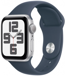 Apple Watch SE GPS + Cellular 40mm Silver Aluminium Case with Storm Blue Sport Band (MRGJ3SA/A)